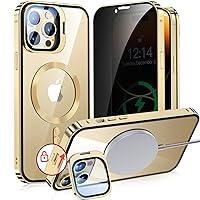[Camera Invisible Stand & Slide Pop-up Lock] Magnetic Privacy Case for iPhone 14 Pro Max [Compatible with MagSafe] [Full Lens Protection+Invisible Kickstand] Full Body Metal Bumper Cover-Gold