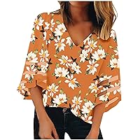Shirt Dresses for Women Bell Sleeve Floral Printed Tee Top V Neck Fashion Work Tunic Tees Summer Fashion Blouse T-Shirt