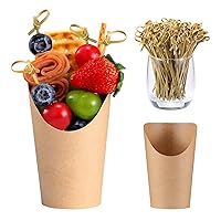 12Oz Charcuterie Cup Set, 24 Pcs Cups with 100 Pcs Coctail Picks, French Fry Holder and Bamboo Knot Skewers, Handheld Party Appetizer Kit, Disposable Kraft Paper Snack Box Container, Take Out Cones
