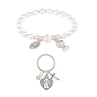 Needzo First Communion Gift for Girls, Silver Tone Heart Shaped Keychain and Bracelet with Miraculous Medal and Chalice Charms