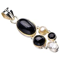 StarGems® Natural Cat Eye,Zircon And River Pearl Handmade 925 Sterling Silver Pendant 1.75