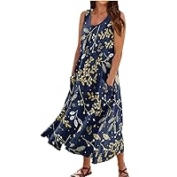 Flower Dresses for Women 2024, Womens Casual Floral Sleeveless Cotton Linen Pocket House with Dress, S, 5XL