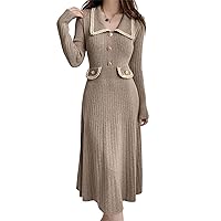 chouyatou Women's Fall Gold Button Formal Cocktail Sweater Dress Fit and Flare Midi Long Winter Knit Dress