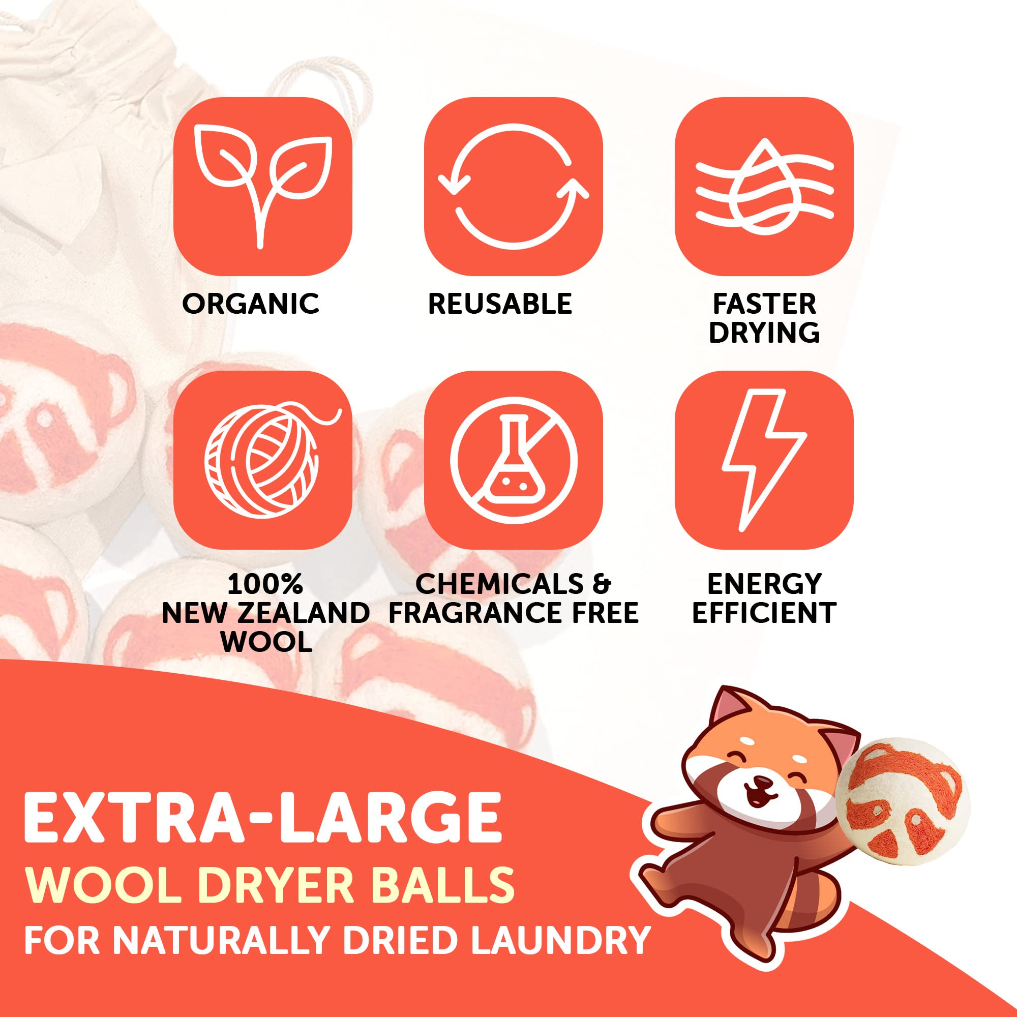 SimplrSpaces Organic Wool Dryer Balls - 6 Pack XL Size Red Panda Cute Dryer Balls Laundry Reusable Replacement for Dryer Sheets, Handmade and Eco Friendly Natural Fabric Softener for Sensitive Skin