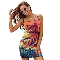 Surf Suring Cat Slim Slip Dress for Women Sexy Mini Dress Backless Sundress Summer Dresses