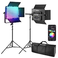 NEEWER 2 Pack PL60C RGB LED Panel Video Light Kit with 6.6ft/2m Spring Cushioned Light Stands/Bag, APP/2.4G/DMX Control, 60W 23000lux/0.5m 2500K-10000K 18 Scenes RGBCW Pro Photography Studio Lighting