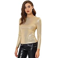 Allegra K Women's Christmas Long Sleeve Sparkly Party Glitter Shiny Metallic Tops Shirt