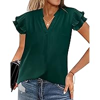 Womens Summer Tops Dressy Casual Work Blouses V Neck Ruffle Short Sleeve Shirts Tunics 2024