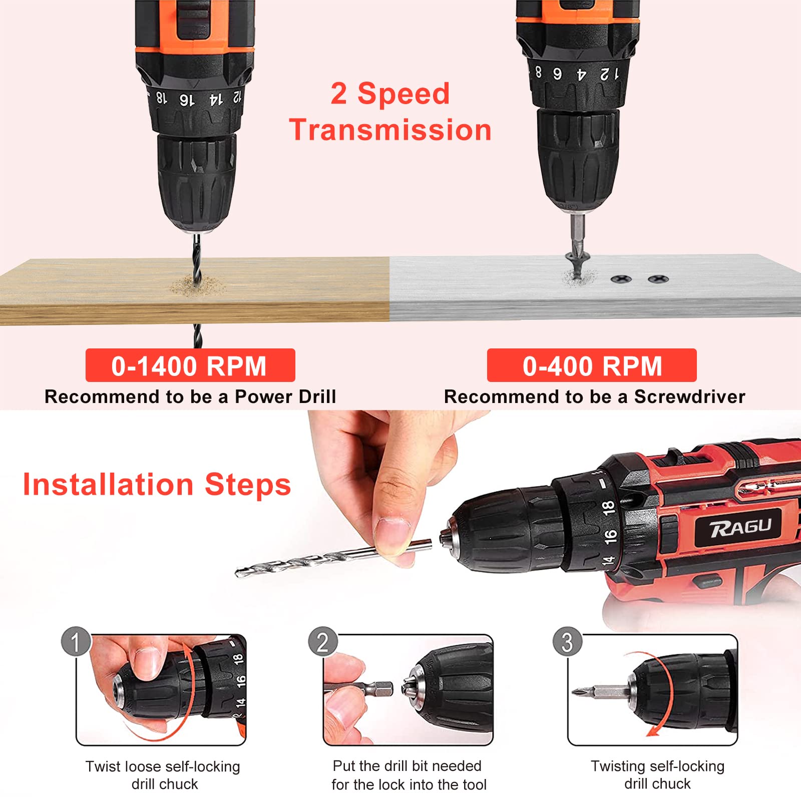 Cordless Drill 12v, 34pcs Drill Driver Set with 2 Batteries, Drill Set with 2 Variable Speed 3/8'' Keyless Chuck for Drilling Wood, Ceramics