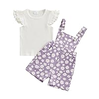 Baby Kids Girls 2 PCS Pants Set Fly Sleeve T-Shirt Floral Copper Buttons Suspender Short Pants Outfits