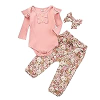 Baby Rose Outfit Infant Baby Girls Clothes Set Long Sleeve Solid Color Ruffle Ribbed Romper Bodysuit Floral Pants