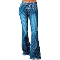 Andongnywell Women's Striped Bell Bottom Jeans Boho Comfy Stretchy Flare Pants Classic High Waist Flared Denim Jean