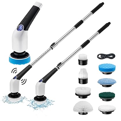 Electric Spin Scrubber, Jorking Cordless Power Scrubber Up to 420RPM Powerful Cleaning, Shower Scrubber for Cleaning Bathtub, Tile and Floor with 8 Types of Replaceable Brush Heads, Voice Broadcast