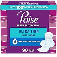 Poise Ultra Thin Incontinence Pads with Wings & Postpartum Incontinence Pads, 4 Drop Moderate Absorbency, Regular Length, 90 Count (Pack of 3), Packaging May Vary