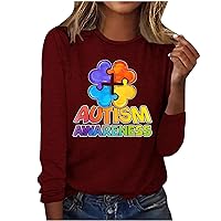 Women Autism Awareness Letter Tee Tops Funny Love Heart Puzzle Graphic Shirts Long Sleeve Crewneck Pullover Blouses