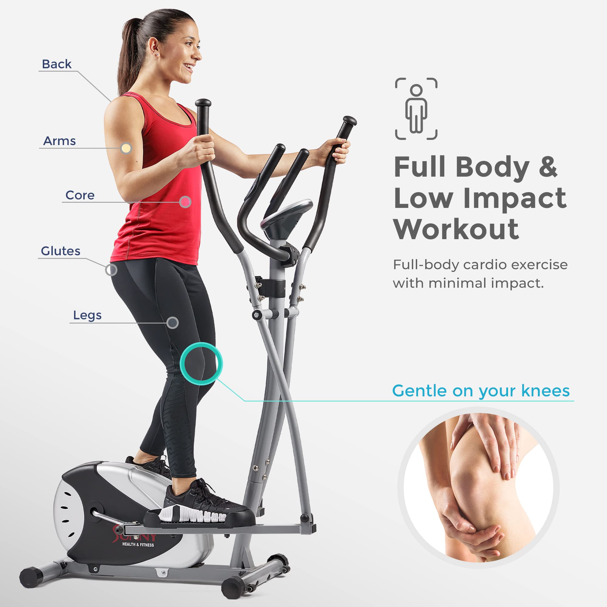 Sunny Health & Fitness Legacy Stepping Elliptical Machine, Total Body Cross Trainer with Ultra-Quiet Magnetic Belt Drive, Low Impact Exercise Equipment, Optional Bluetooth with Exclusive SunnyFit App