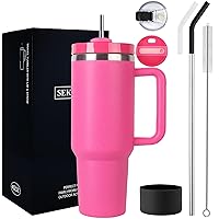 40 oz Tumbler with Handle and Straw Lid, Large Insulated Quencher Stainless Steel Metal Water Bottle, with Leak Proof Lid, Metal Straw and Flexible Straw Tip (B-Ruby Pink)