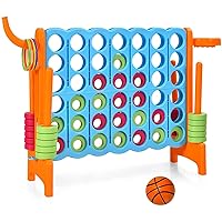 AUGESTER Giant 4 in a Row Connect Game, Jumbo 4 to Score Game Set w/ 42 Chess Rings, Basketball & Hoop, Toss Rings & Quick-Release Lever, Indoor & Outdoor Family Party Game for Kids & Adults