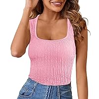 Womens Shirts Ribbed Knit Square Neck Tank Tops Stretched Trendy Basic Sleeveless Slim Fitted Pullover