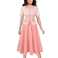 VFSHOW Womens Square Neck Buttons Peplum Wear to Work Business A-Line Midi Dress Vintage Retro Office Church Mid-Calf Dress
