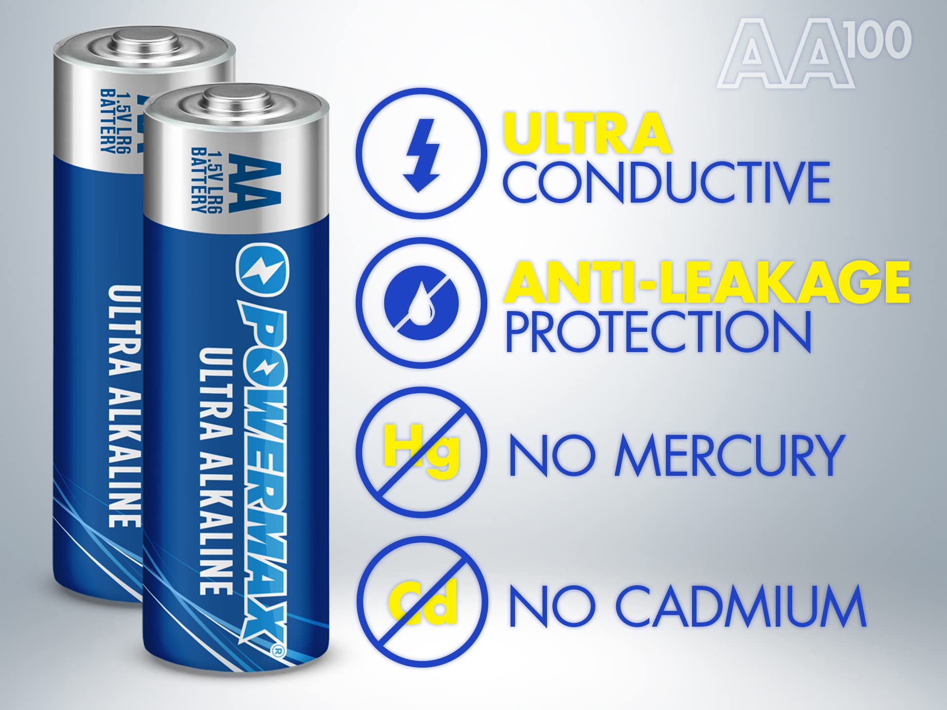 Powermax 100-Count AA Batteries, Ultra Long Lasting Alkaline Battery, 10-Year Shelf Life, Recloseable Packaging 100 Count (Pack of 1)