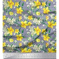 Soimoi Rayon Grey Fabric - by The Yard - 56 Inch Wide - Damask, White & Yellow Flower Floral Textile - Elegant and Contemporary Fusion for Stylish Creations Printed Fabric