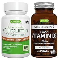 Vegan Vitamin D3 + High Absorption Curcumin C3 Complex, Vegan Bundle, 365 1000iu Vitamin D3 Tablets + 300% Greater Absorption Curcuminoids with Rapid Uptake, by Igennus