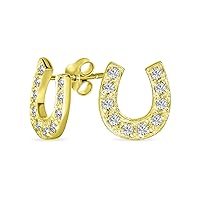 Good Luck Cubic Zirconia Pave CZ Equestrian Horseshoe Stud Earrings Western Jewelry For Women Teen 14K Gold Plated .925 Sterling Silver