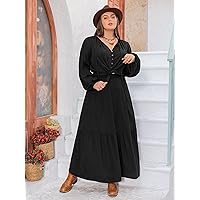 Fall Dresses for Women 2023 Plus Lantern Sleeve Top & Ruffle Hem Dress Without Belt Dresses for Women (Color : Black, Size : X-Large)