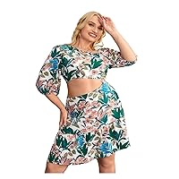 Women Plus Size Summer Dresses 2022 Floral Tropical Print Asymmetrical Neck Cut-Out A-Line Dress (Size : Large)