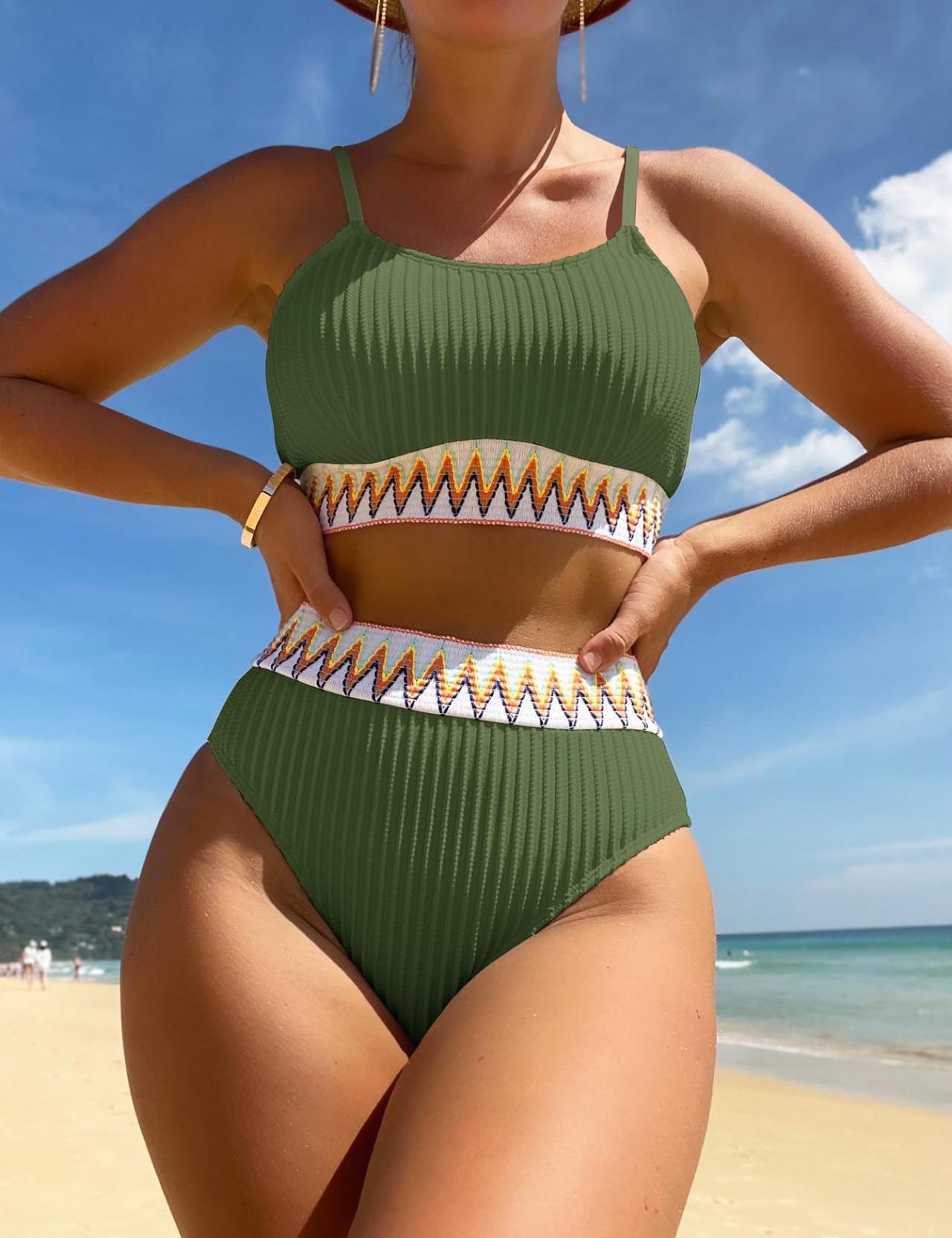 AONTUS Women Two Piece Bandeau Bikini Smocked High Waisted Swimsuits Cute Bathing Suit with Bottoms