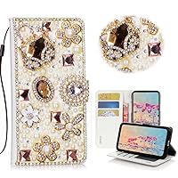 STENES Bling Wallet Phone Case Compatible with Samsung Galaxy Z Fold 4 5G Case - Stylish - 3D Handmade Bag Flowers Floral Design Magnetic Wallet Stand Leather Cover Case - Gold