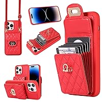 XYX Wallet Case for iPhone 15 Pro Max 6.7 Inch, Crossbody Strap PU Leather Accordion Organizer Card Holder Protective Case with Adjustable Lanyard for iPhone 15 Pro Max, Red