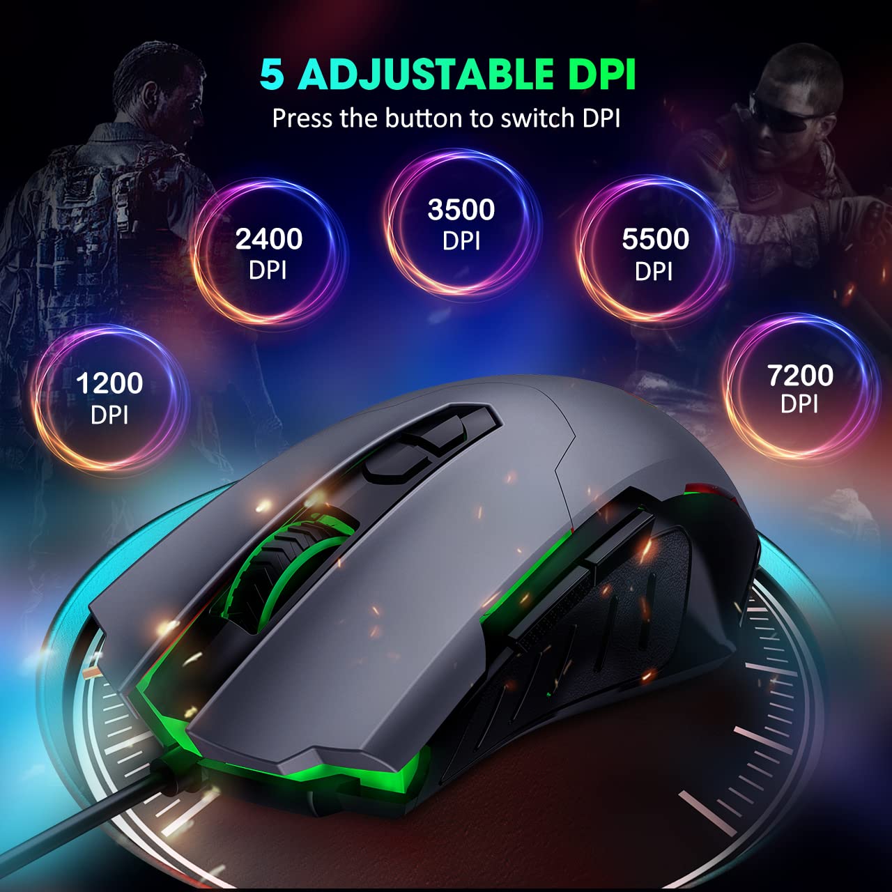 Wired Gaming Mouse, PC Gaming Mice [Breathing RGB LED] [Plug Play] High-Precision Adjustable 7200 DPI, 7 Programmable Buttons, Ergonomic Computer USB Mouse for Windows/PC/Mac/Laptop Gamer-Grey…