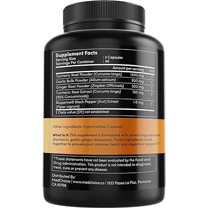 4-in-1 Turmeric and Ginger Supplement with Bioperine 2360 mg (120 ct) Turmeric Ginger Root Capsules with Garlic - Turmeric Curcumin with Black Pepper for Joint, Digestion & Immune Support (Pack of 1)