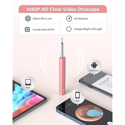 Ear Wax Removal Tool Camera,Ear Wax Removal, Ear Camera with 1080P, Otoscope with Light, Ear Wax Removal Kit with 4 Ear Pick, Ear Camera for iPhone, iPad, Android Phones(Pink)