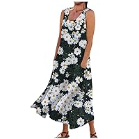 Dresses for Women 2024 Summer Fashion Casual Comfortable Floral Print Sleeveless Dress with Pocket