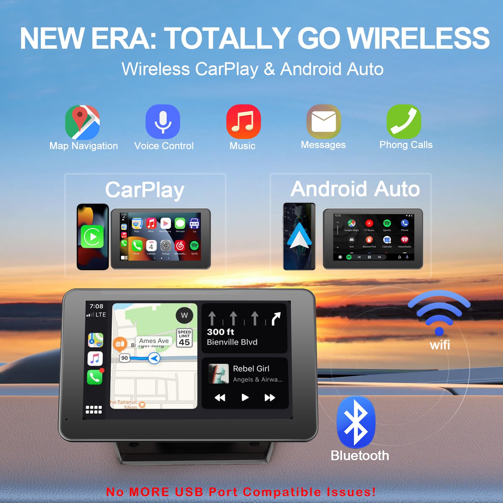 Newest Wireless Portable Car Stereo with Apple Carplay/Android Auto/Mirror Link for Car Truck RV Vehicles, Dash Mount Touchscreen Car Multimedia Player with Bluetooth & Backup Camera, Auto Connect
