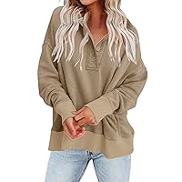 Womens Oversized Henley Shirts Button Up V Neck Dressy Pullover Casual Drop Shoulder Long Sleeve Lapel Sweatshirts