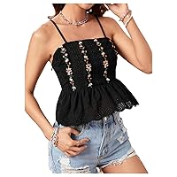 SOLY HUX Women's Floral Embroidery Cami Tops Spaghetti Strap Ruffle Hem Summer Camisole