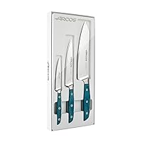 ARCOS Ktichen Knife Set 3 Pieces Forged Stainless Steel. Impress and Surprise with every cut. Blue Micarta Handle. Serie Brooklyn. Color Silver