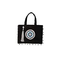 Oversize Evil Eye Black- Silver Jute Handbag Tote Beach Bag Zipper Gift Bag with Crystals and Tassels, Large