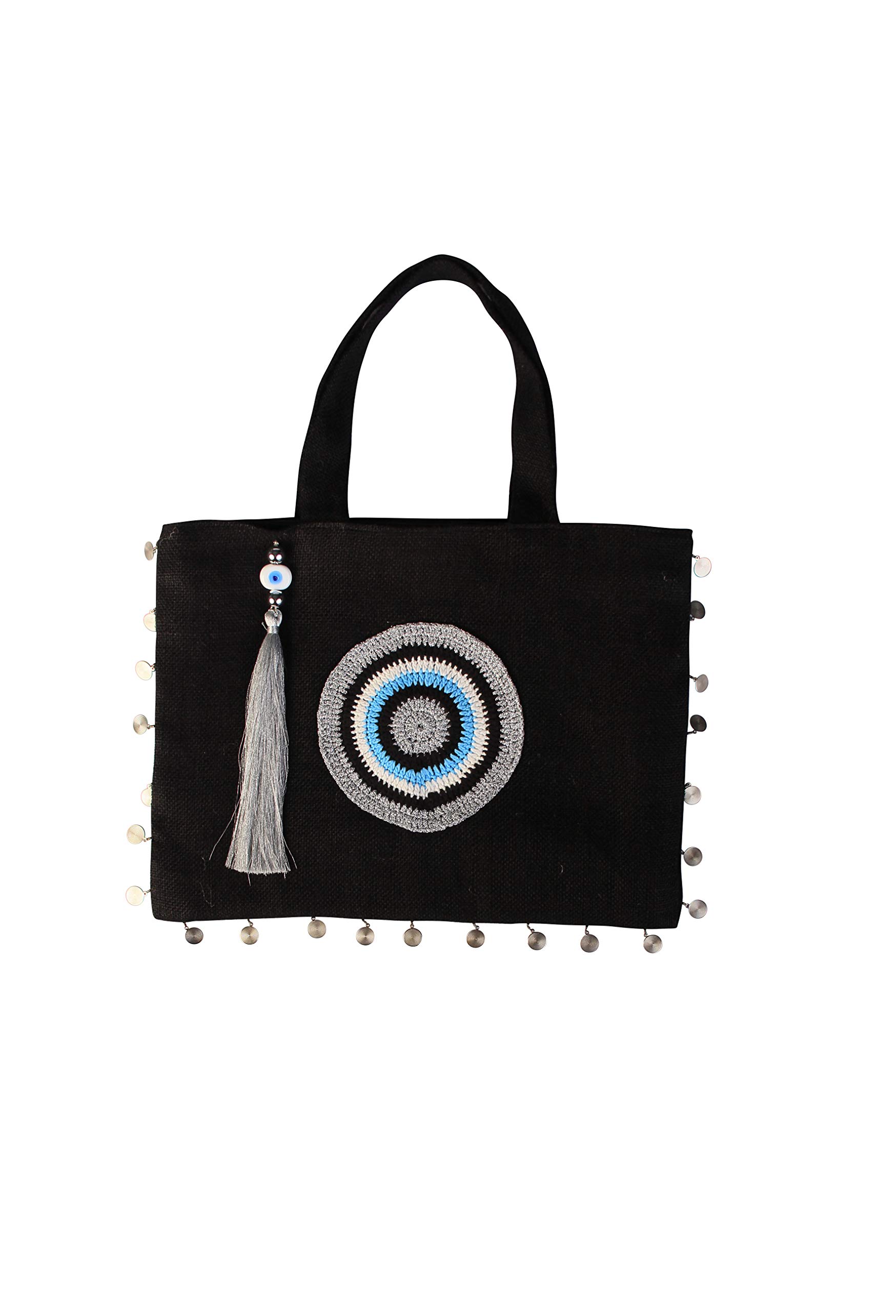 KarensLine Handmade Oversize Evil Eye Black- Silver Jute Handbag Tote Beach Bag Zipper Gift Bag with Crystals and Tassels, Large