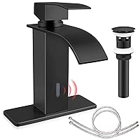 Homikit Touchless Bathroom Faucet with Pop Up Drain, Automatic Sensor Matte Black Sink Faucet, Waterfall Bathroom Faucets for Sink 1 or 3 Hole, 18/10 Stainless Steel Bath Vanity Farmhouse Faucets