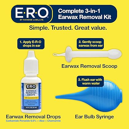 E-R-O Earwax Removal Kit for Complete Ear Care, with Carbamide Peroxide Earwax Removal Drops (0.5 fl oz), Ear Bulb Syringe and Ear Wax Removal Tool with Safety Shield