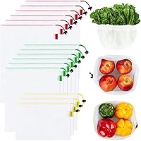 Set of 15 Reusable Mesh Produce Bags - Eco-Friendly - Washable and See-Through - with Colorful Tare Weight Tags - 3 Sizes