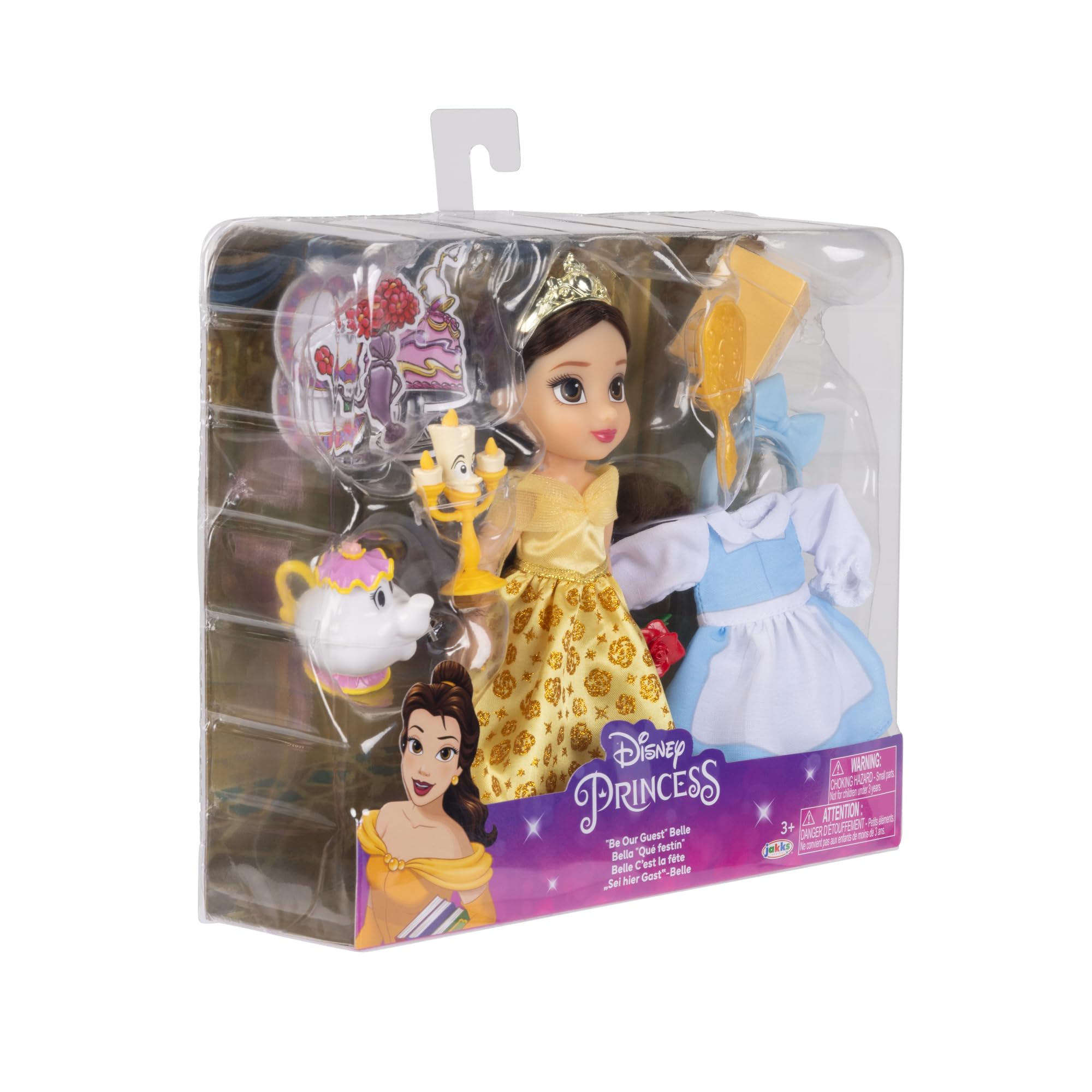 Disney Princess Belle Doll Be Our Guest Petite Belle Doll with Mrs. Potts & Lumiere, in Yellow Ball Gown and Blue Village Dress Fashions