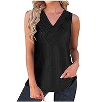 Womens Tank Tops Summer Casual V Neck Sleeveless Shirts Solid Color Tees Loose Hide Belly Flowy Pleated Tunic Blouse