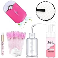 Lash Fan,50ml Eyelash Extension Cleanser, AREMOD Lash Shampoo for Lash Extensions 50pcs Eyelash Brush Cleaning Brush Makeup Remover Pad and Rinse Bottle for Lash Cleaning for Salon Home Use（rose）