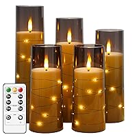 Flameless LED Candles with Timer 5 Pc Flickering Flameless Candles for Romantic Ambiance and Home Decoration Stable Acrylic Shell,with Embedded Star String，Battery Operated Candles（Grey）